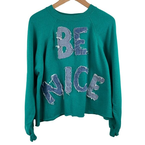 Be Nice Hand Decorated Denim Applique Womens XL Hanes Crewneck Sweatshirt - Picture 1 of 8